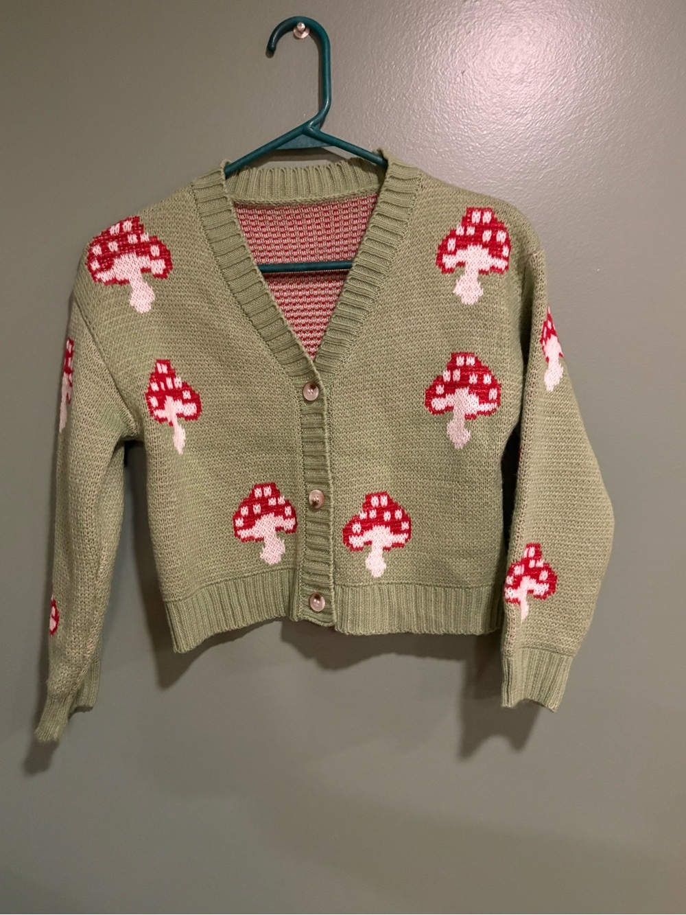 SHEIN Sage Green Knit Cardigan with Red & White Mushroom Intarsia